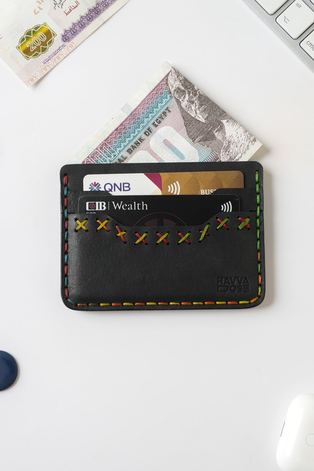 Midnight Stitch Card Holder – Handmade Genuine Leather - Black
