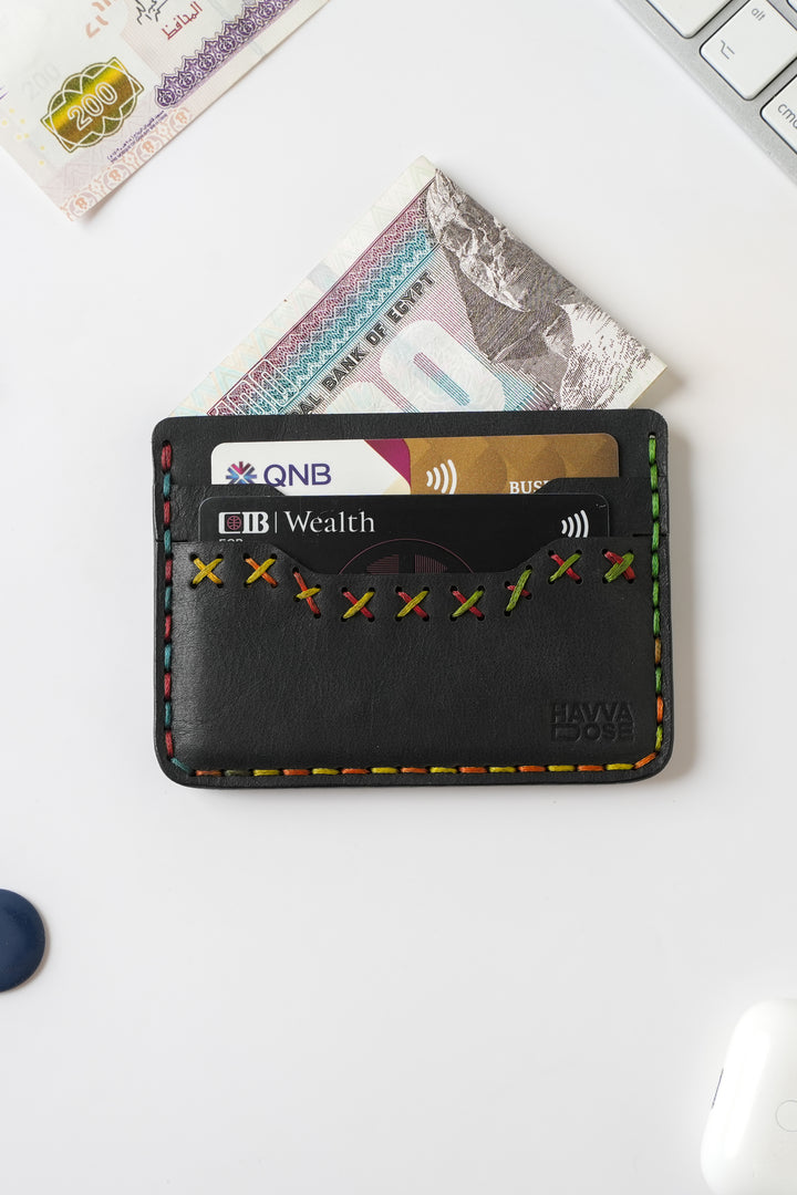 Midnight Stitch Card Holder – Handmade Genuine Leather - Black