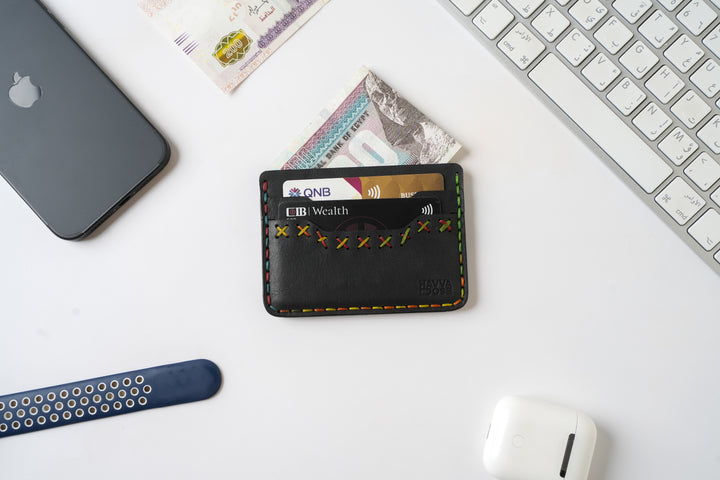 Midnight Stitch Card Holder – Handmade Genuine Leather - Black