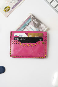 Midnight Stitch Card Holder – Handmade Genuine Leather - Fuchsia Pink