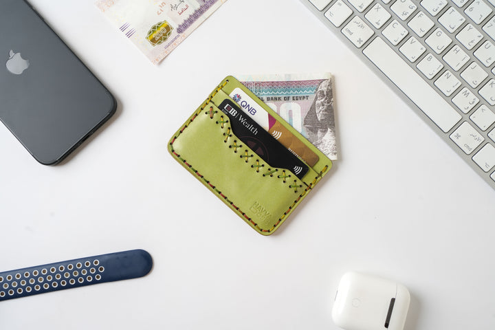 Midnight Stitch Card Holder – Handmade Genuine Leather - Olive Green