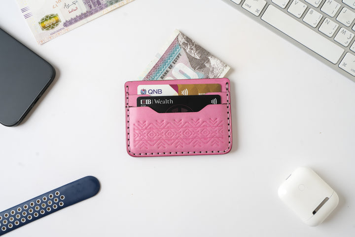 Engraving Card Holder – Handmade Genuine Leather - Rose Dust