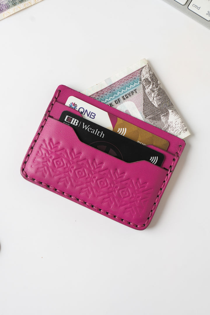 Engraving Card Holder – Handmade Genuine Leather - Fuchsia