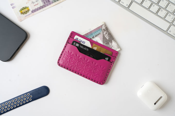 Engraving Card Holder – Handmade Genuine Leather - Fuchsia