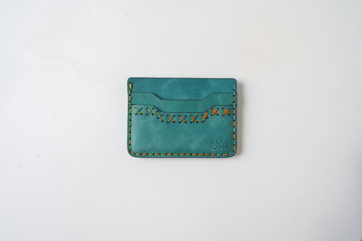 Midnight Stitch Card Holder – Handmade Genuine Leather - Turquoise