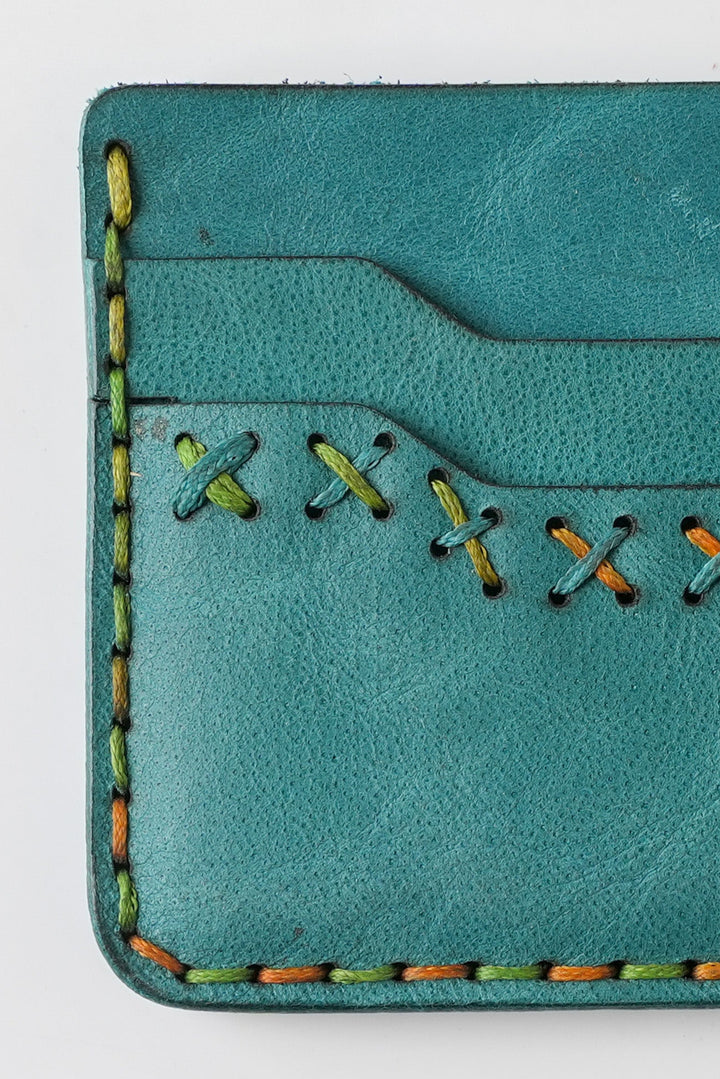 Midnight Stitch Card Holder – Handmade Genuine Leather - Turquoise