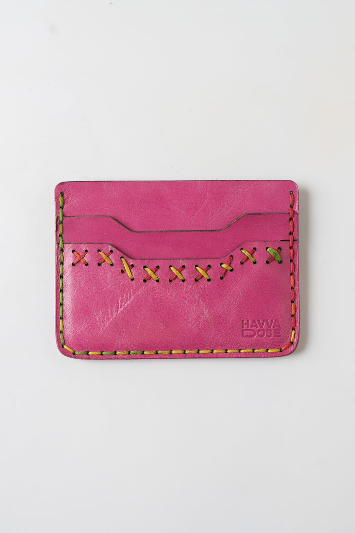 Midnight Stitch Card Holder – Handmade Genuine Leather - Fuchsia Pink