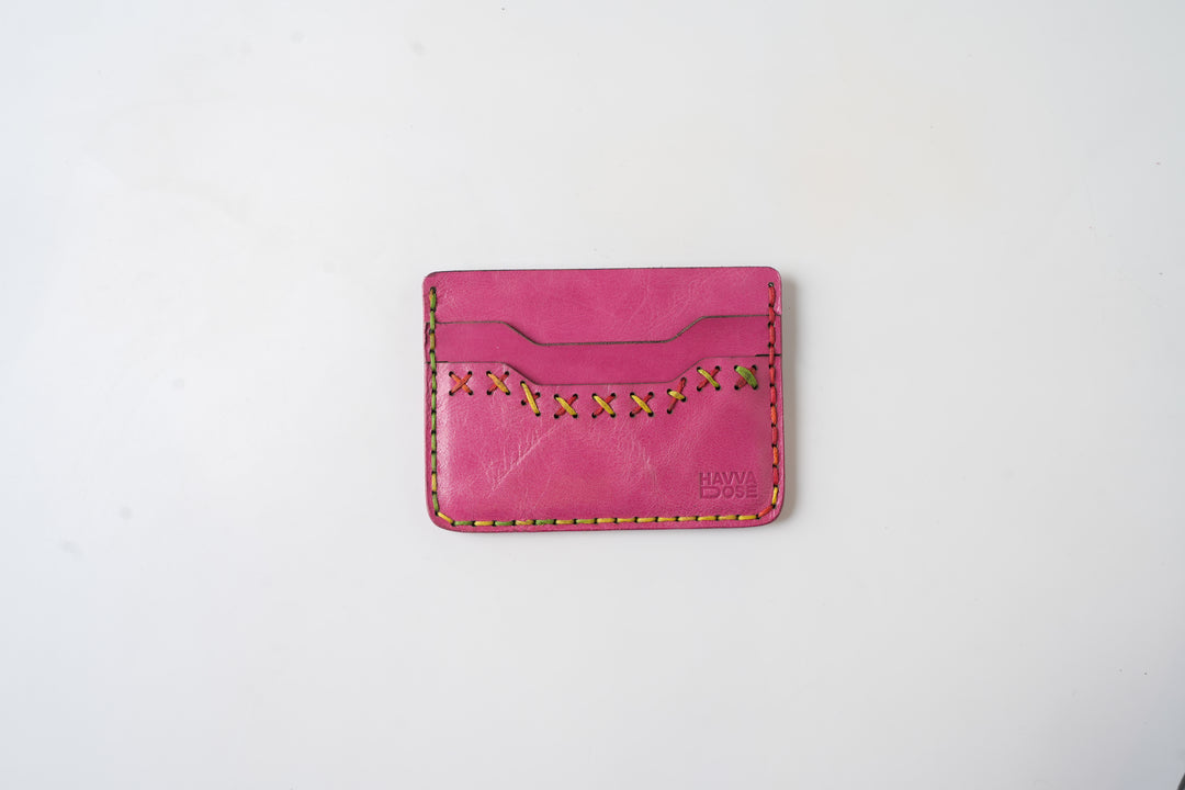 Midnight Stitch Card Holder – Handmade Genuine Leather - Fuchsia Pink