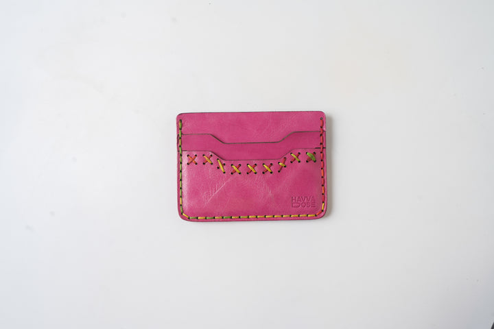 Midnight Stitch Card Holder – Handmade Genuine Leather - Fuchsia Pink