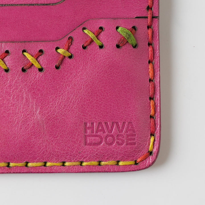 Midnight Stitch Card Holder – Handmade Genuine Leather - Fuchsia Pink