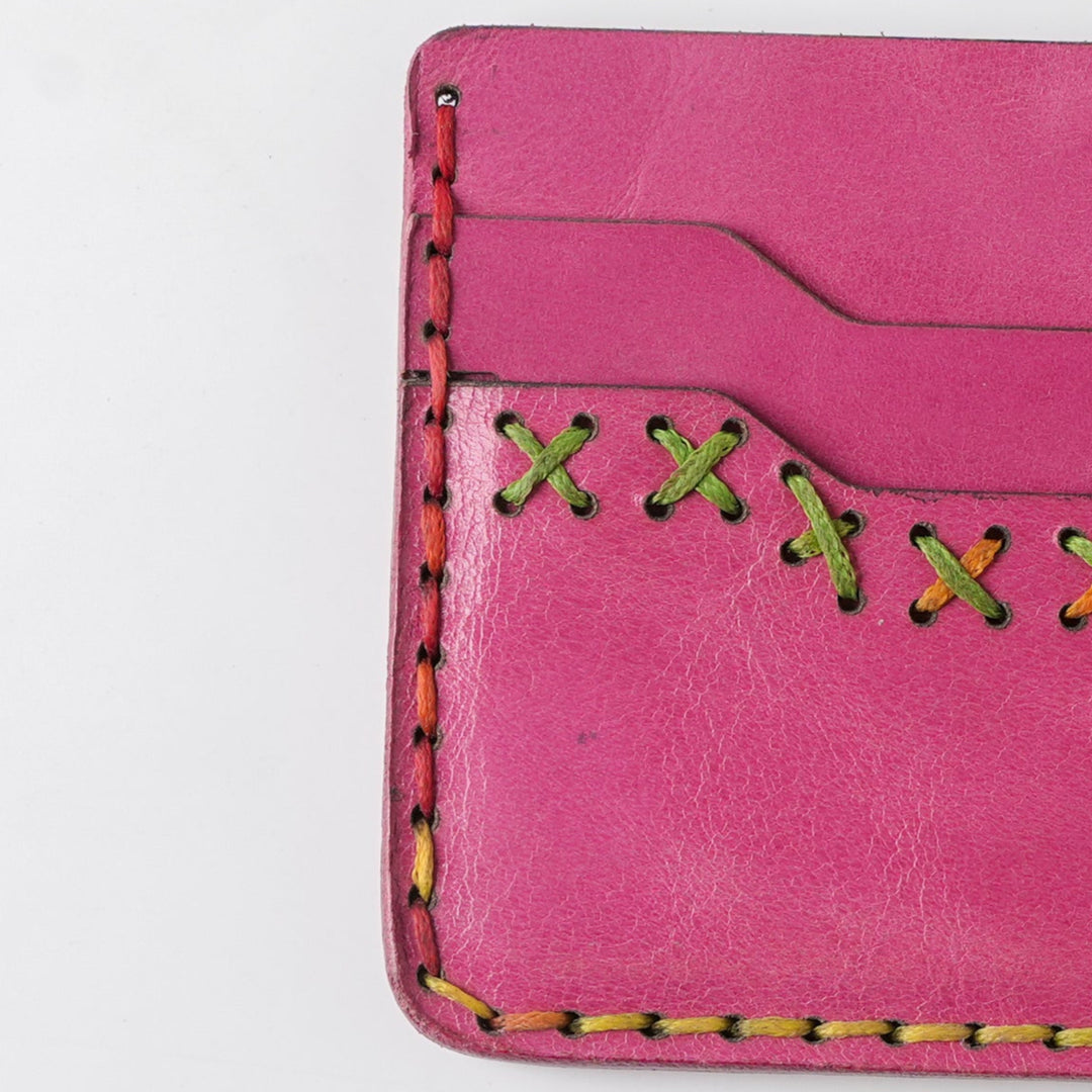 Midnight Stitch Card Holder – Handmade Genuine Leather - Fuchsia Pink