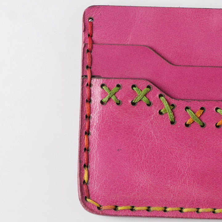 Midnight Stitch Card Holder – Handmade Genuine Leather - Fuchsia Pink