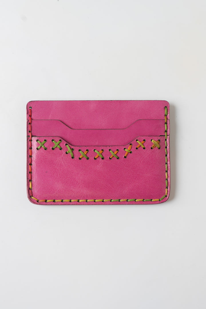 Midnight Stitch Card Holder – Handmade Genuine Leather - Fuchsia Pink