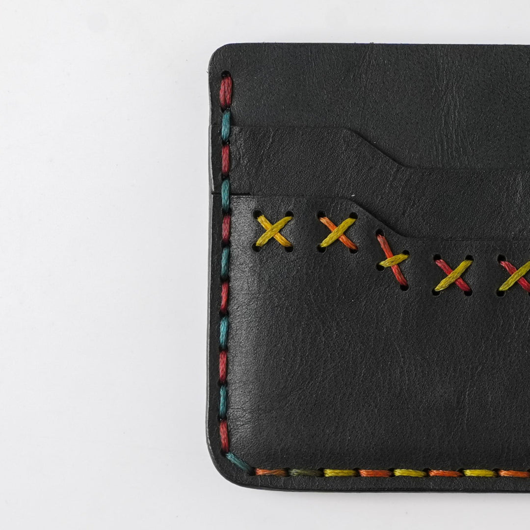 Midnight Stitch Card Holder – Handmade Genuine Leather - Black