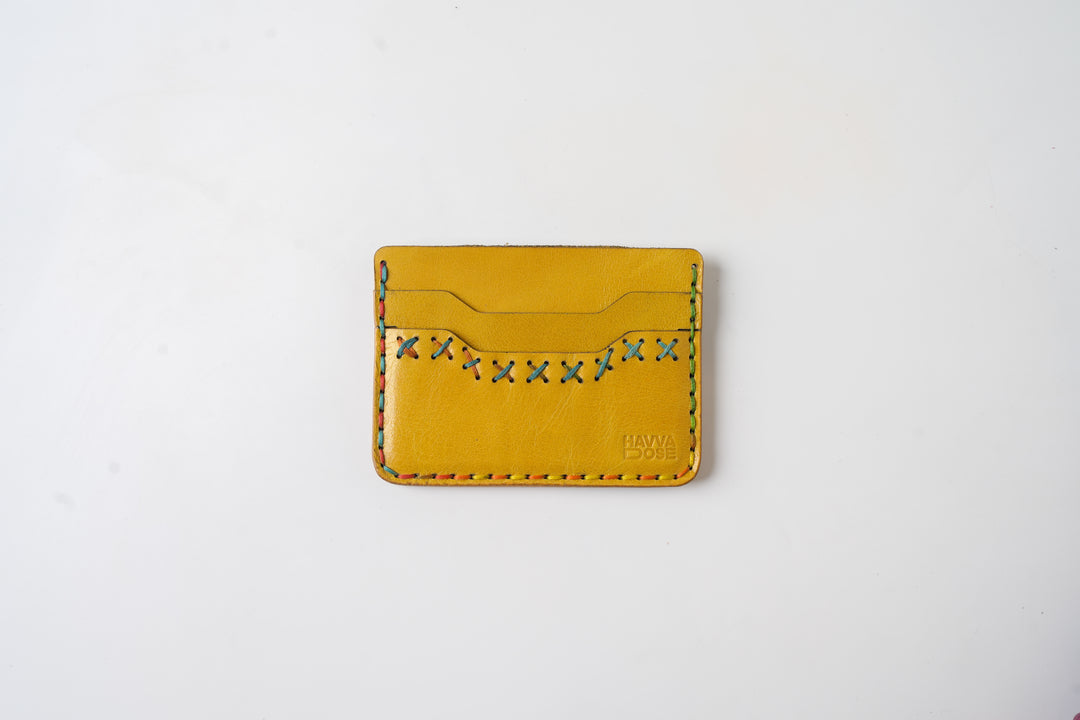Midnight Stitch Card Holder – Handmade Genuine Leather - Mustard Yellow