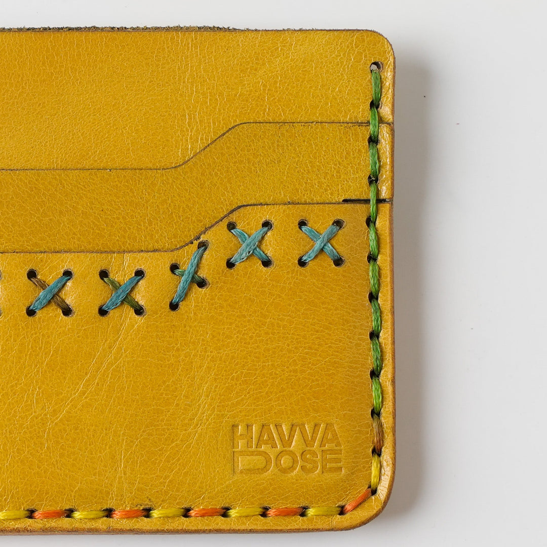 Midnight Stitch Card Holder – Handmade Genuine Leather - Mustard Yellow