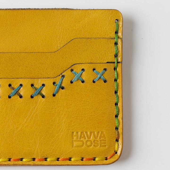 Midnight Stitch Card Holder – Handmade Genuine Leather - Mustard Yellow