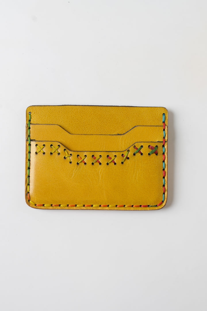 Midnight Stitch Card Holder – Handmade Genuine Leather - Mustard Yellow