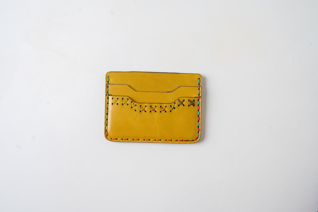 Midnight Stitch Card Holder – Handmade Genuine Leather - Mustard Yellow