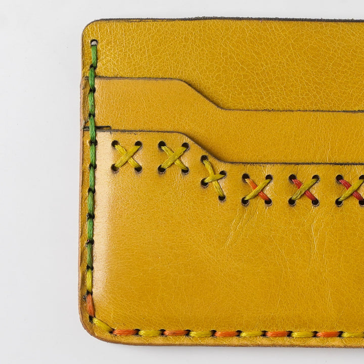 Midnight Stitch Card Holder – Handmade Genuine Leather - Mustard Yellow