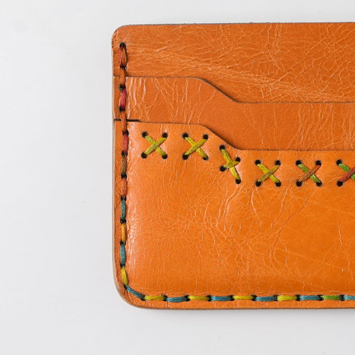 Midnight Stitch Card Holder – Handmade Genuine Leather - Burnt Orange