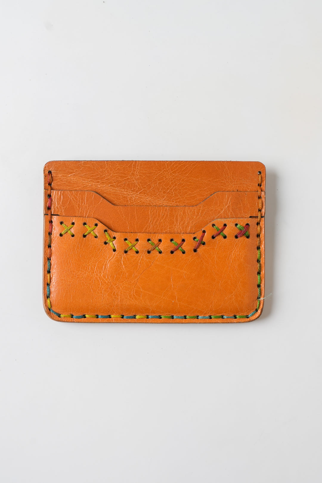 Midnight Stitch Card Holder – Handmade Genuine Leather - Burnt Orange