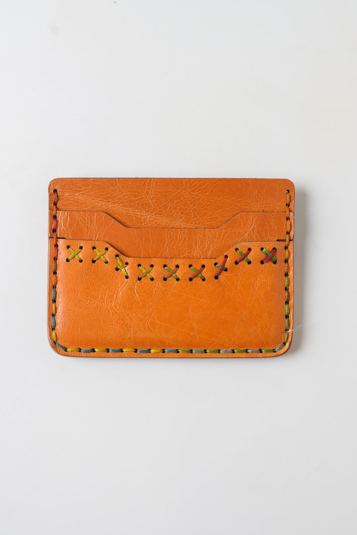 Midnight Stitch Card Holder – Handmade Genuine Leather - Burnt Orange