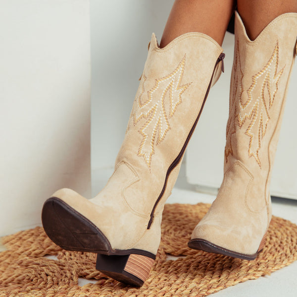 Cow Boy Texas Embroidered Knee Boots - Beige