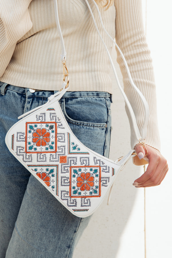 Embroidered Lined Cross Bag - White