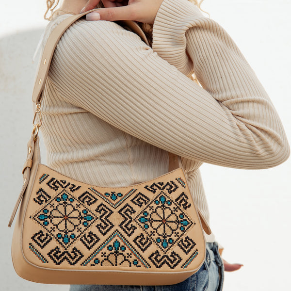 Embroidered Lined Cross Bag - Cafe