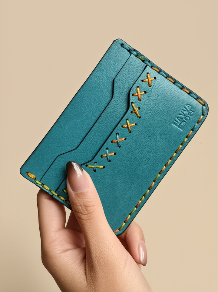 Midnight Stitch Card Holder – Handmade Genuine Leather - Turquoise