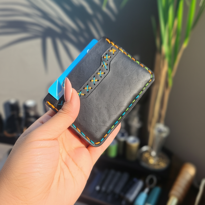 Midnight Stitch Card Holder – Handmade Genuine Leather - Black