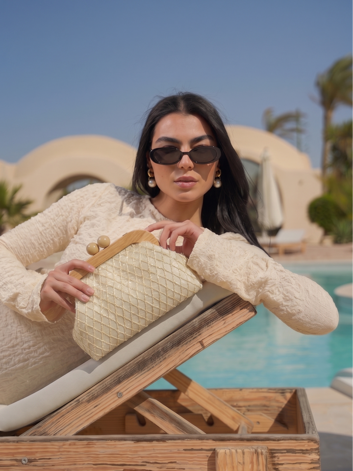 Aura Woven Wood Clutch Beige