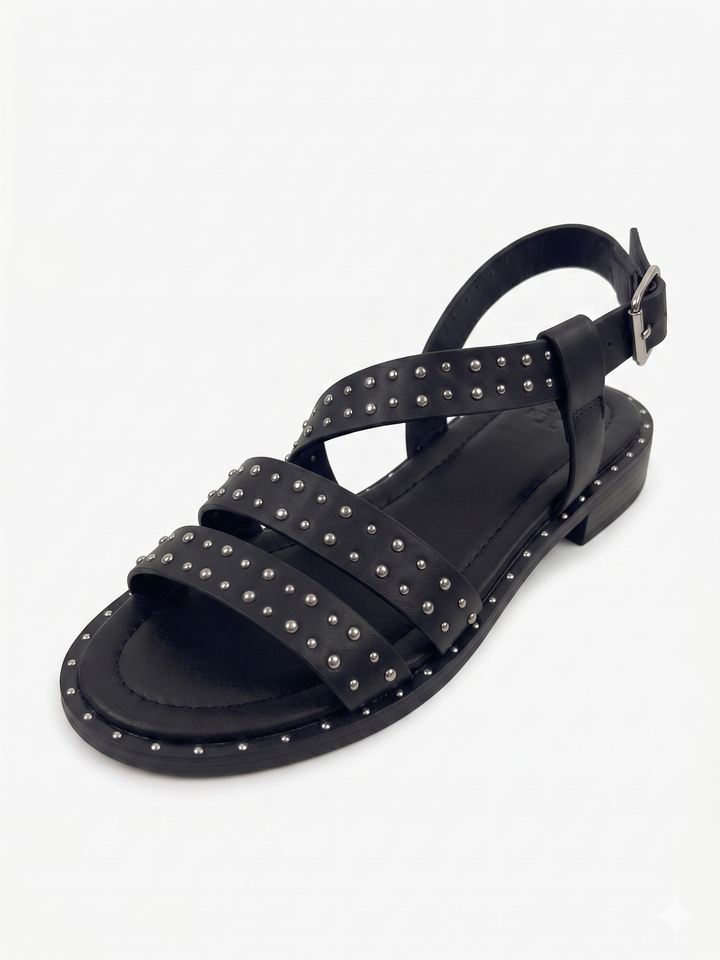 Black Studded Strappy Flat Sandal