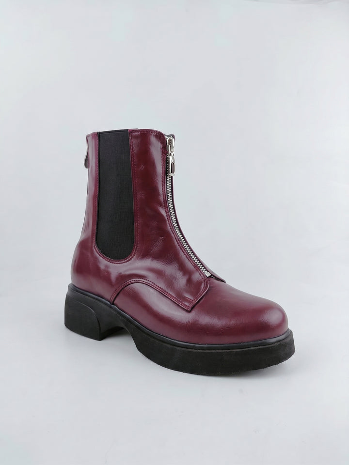 The Raven Chunky Front-Zip Combat Boots | Burghandy