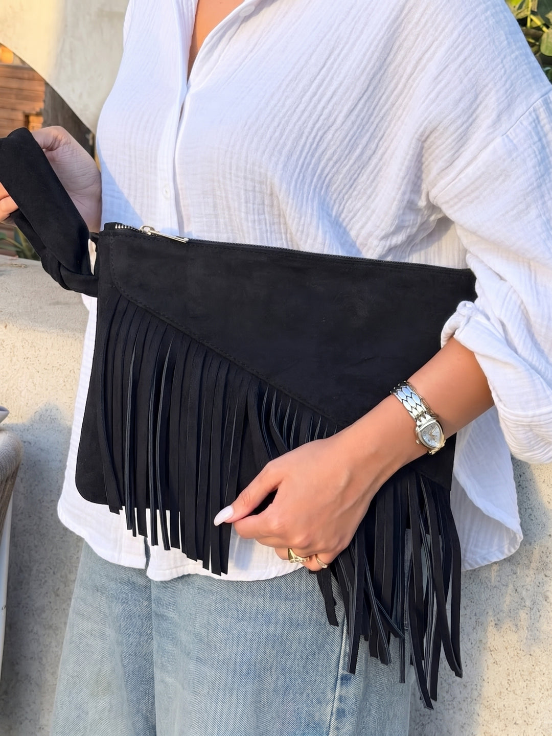 The Paloma Fringe Suede Clutch - Black