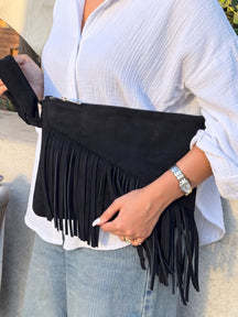 The Paloma Fringe Suede Clutch - Black