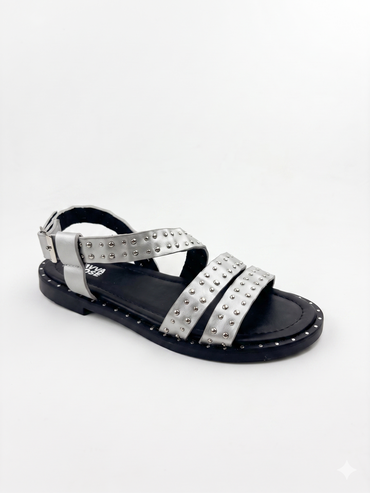 Silver Studded Strappy Flat Sandal