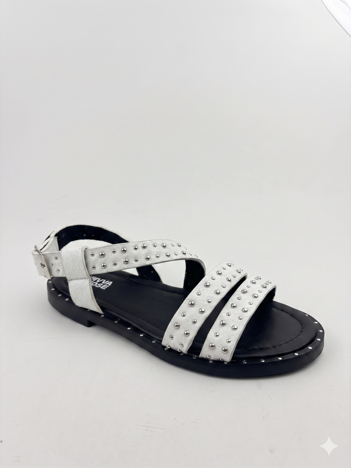 White Studded Strappy Flat Sandal