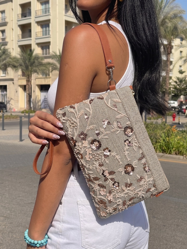 Rosewood Bloom Embroidered Shoulder Clutch