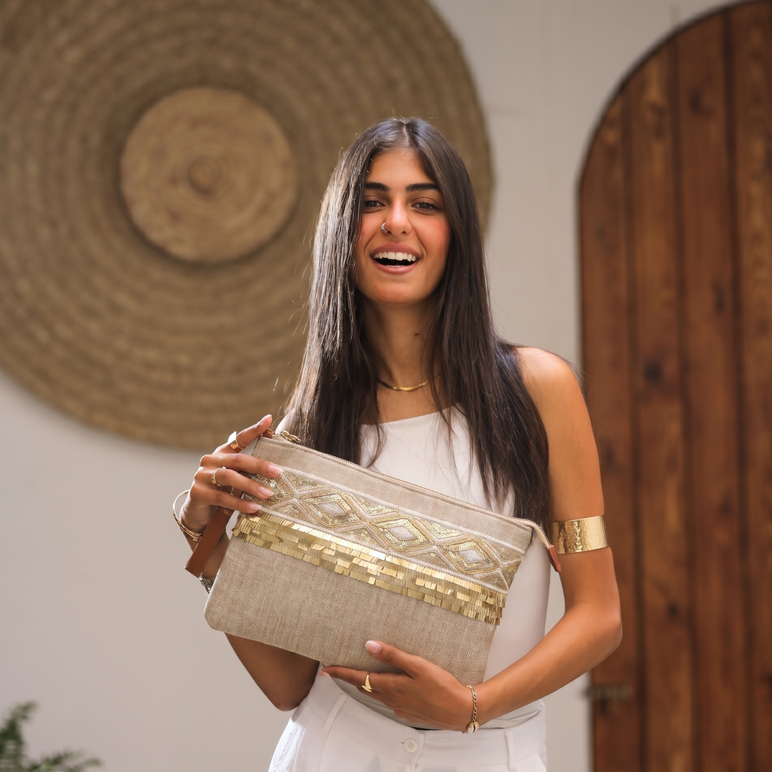 Sequin Trim Clutch - Beige