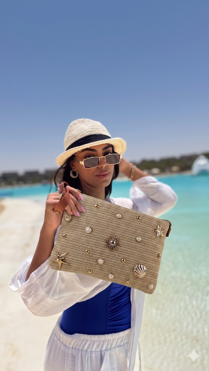 Coastal Pearl Straw Tote Bag