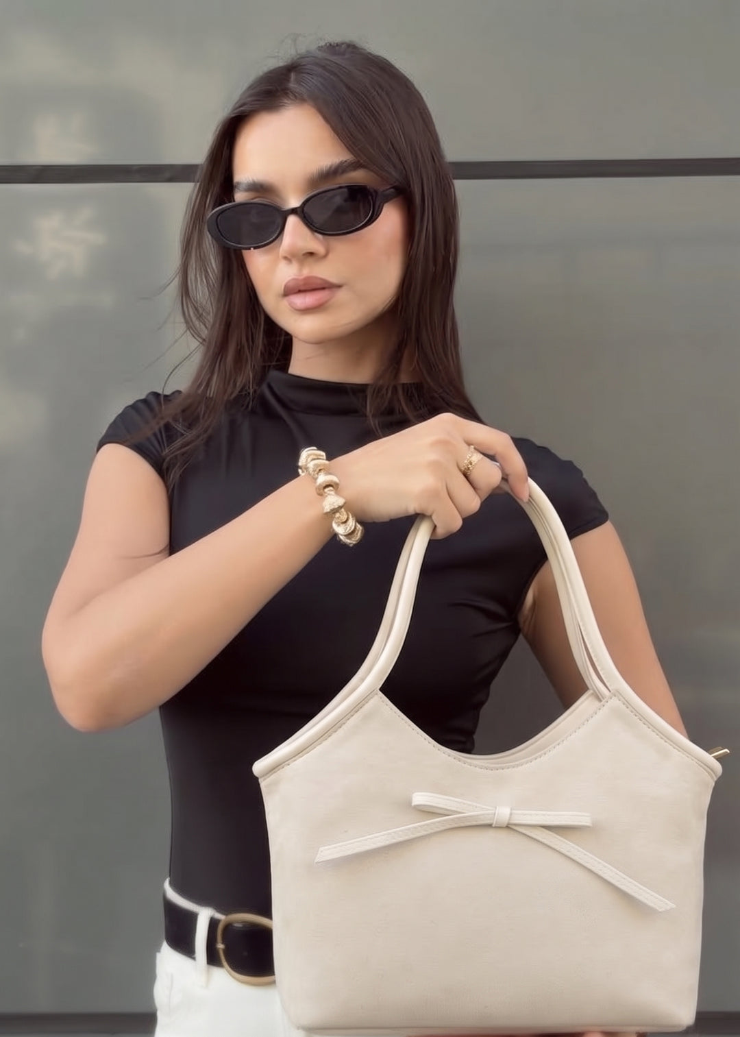 The Bella Bow Suede Shoulder Bag - Beige