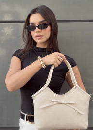 The Bella Bow Suede Shoulder Bag - Beige