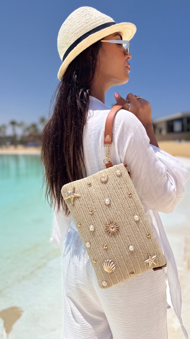 Coastal Pearl Straw Tote Bag