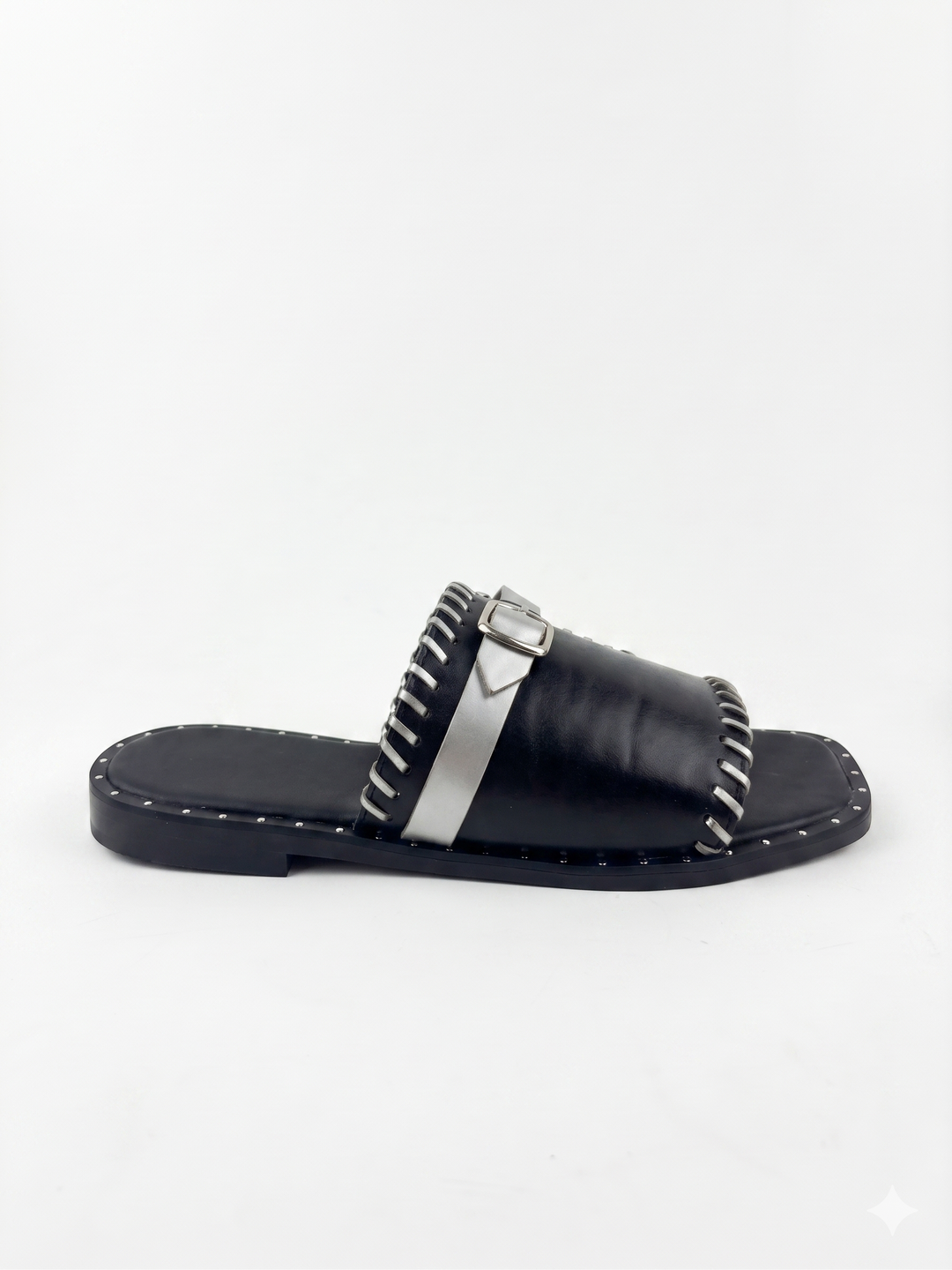 Black &amp; Silver Whipstitched Buckle Slide