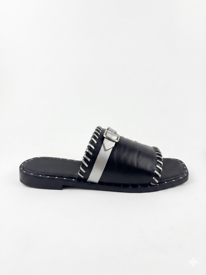 Black &amp; Silver Whipstitched Buckle Slide