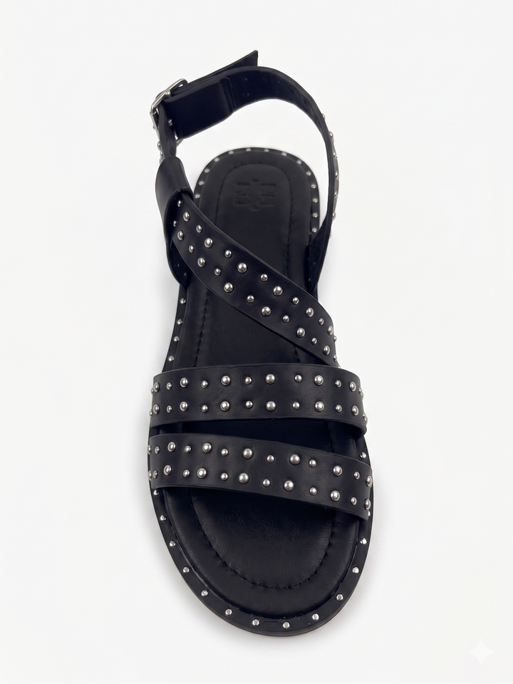 Black Studded Strappy Flat Sandal