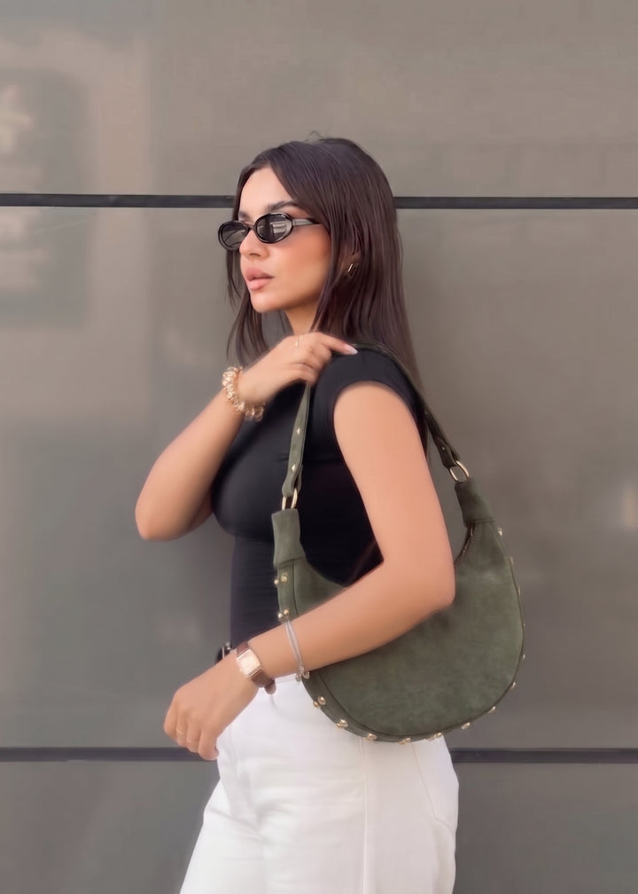 The Sienna Studded Suede Crescent Bag - Olive