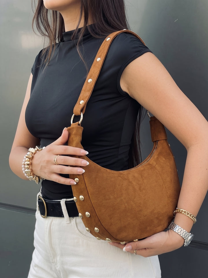 The Sienna Studded Suede Crescent Bag - Havane
